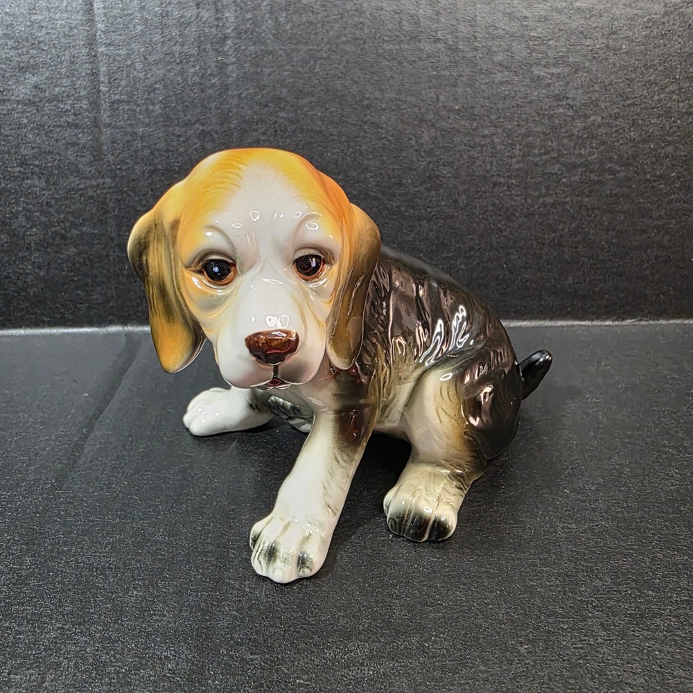 Beagle‎ Puppy Figurine Dog Statue Small Tricolor Glossy Ceramic Pet Decor